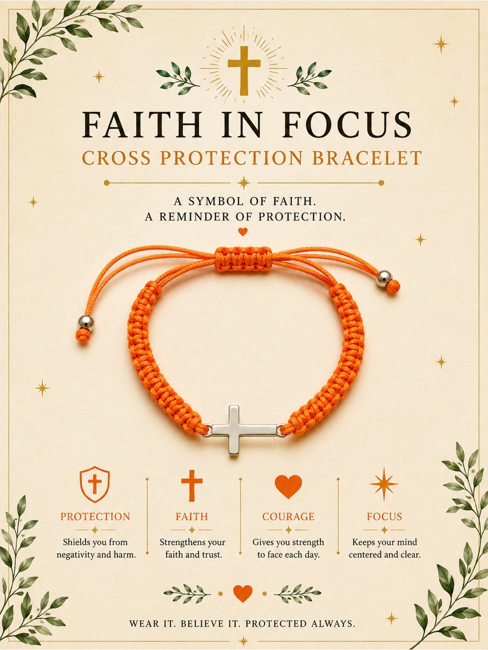 Cross Protection Bracelet - Orange Cord with Silver Cross